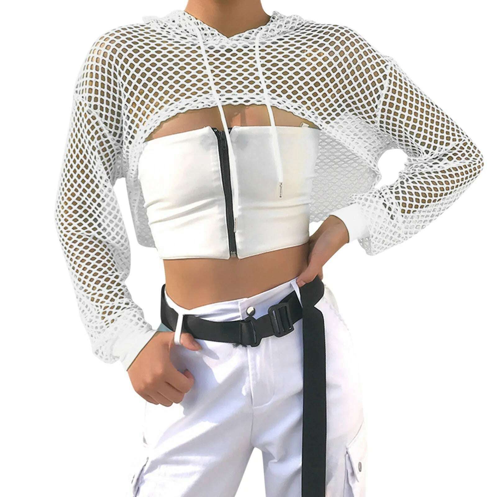 KIMLUD, Neon Green Mesh Fishnet Crop Top Women Perspective Smock Long Sleeve Sweatshirt  Women's T-shirts Sexy Cropped Shirt Streetwear, WHITE / L / United States, KIMLUD APPAREL - Womens Clothes