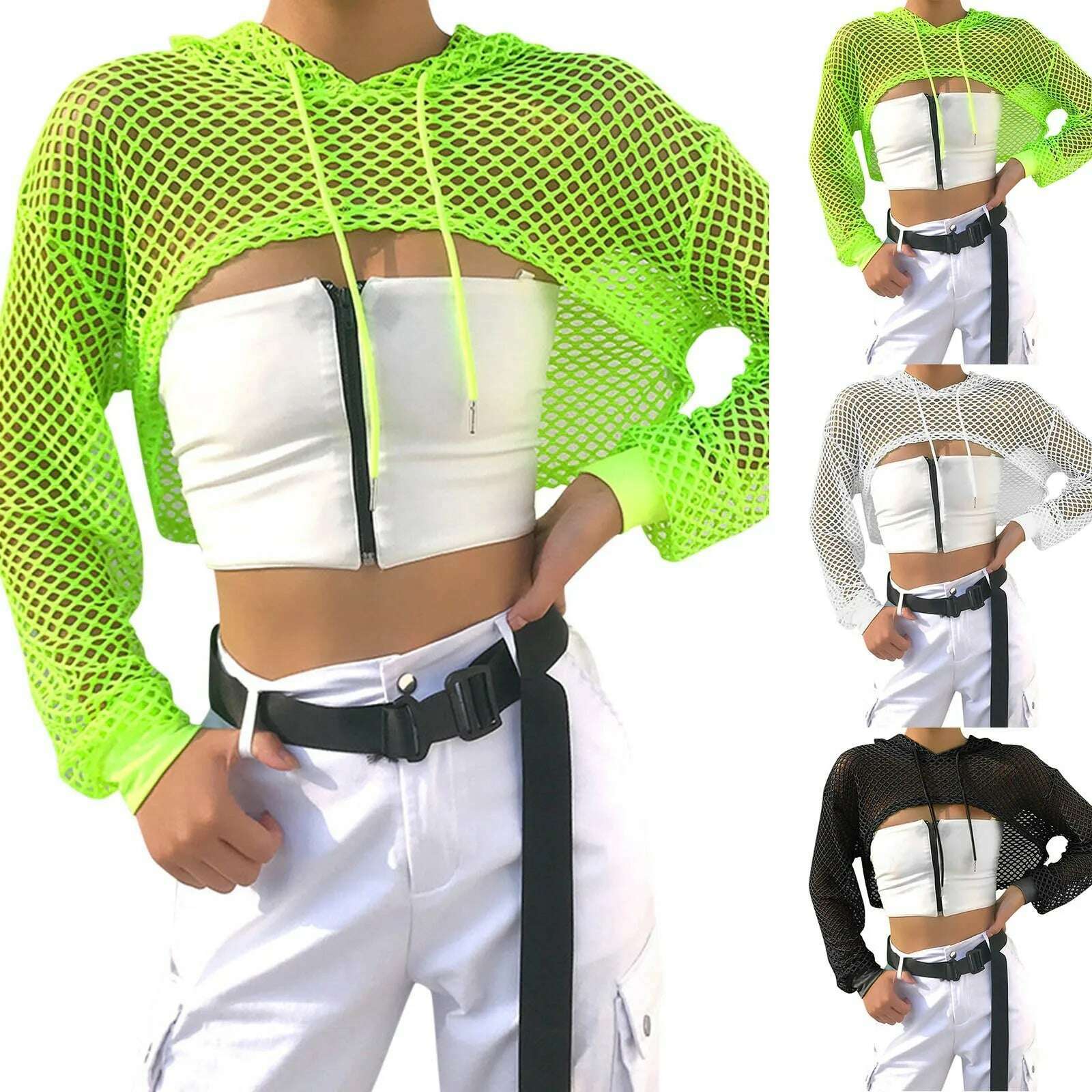 KIMLUD, Neon Green Mesh Fishnet Crop Top Women Perspective Smock Long Sleeve Sweatshirt  Women's T-shirts Sexy Cropped Shirt Streetwear, KIMLUD Womens Clothes