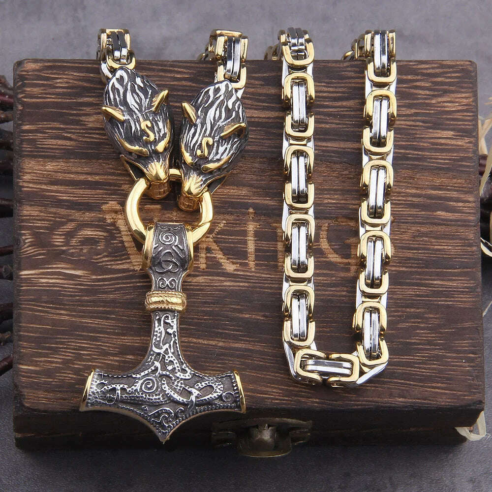 Never Fade Men stainless steel Wolf head norse viking amulet thor hammer pendant necklace viking king chain - KIMLUD