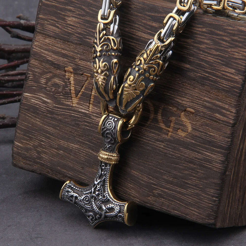 Never Fade Men stainless steel Wolf head norse viking amulet thor hammer pendant necklace viking king chain - KIMLUD