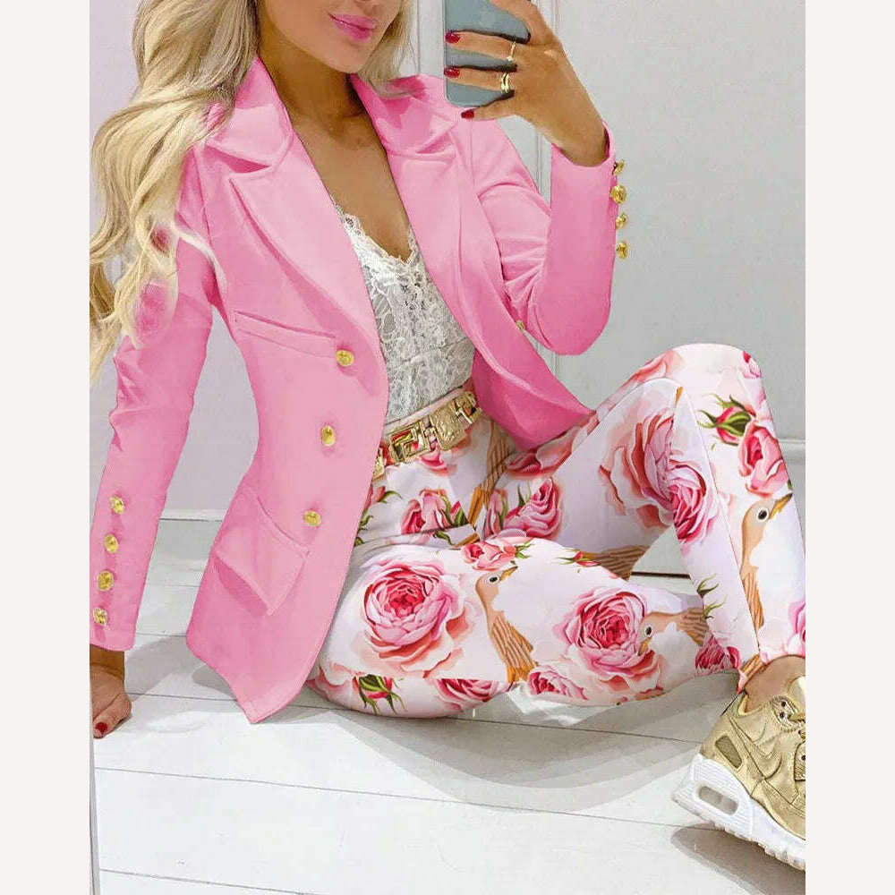 KIMLUD, New 2023 Formal Office Pant Sets Women 2PCS Double Breasted Solid Blazers Jacket and Pants Two Pieces Set Female Pant Suits Sets, Pink Flower / S, KIMLUD APPAREL - Womens Clothes