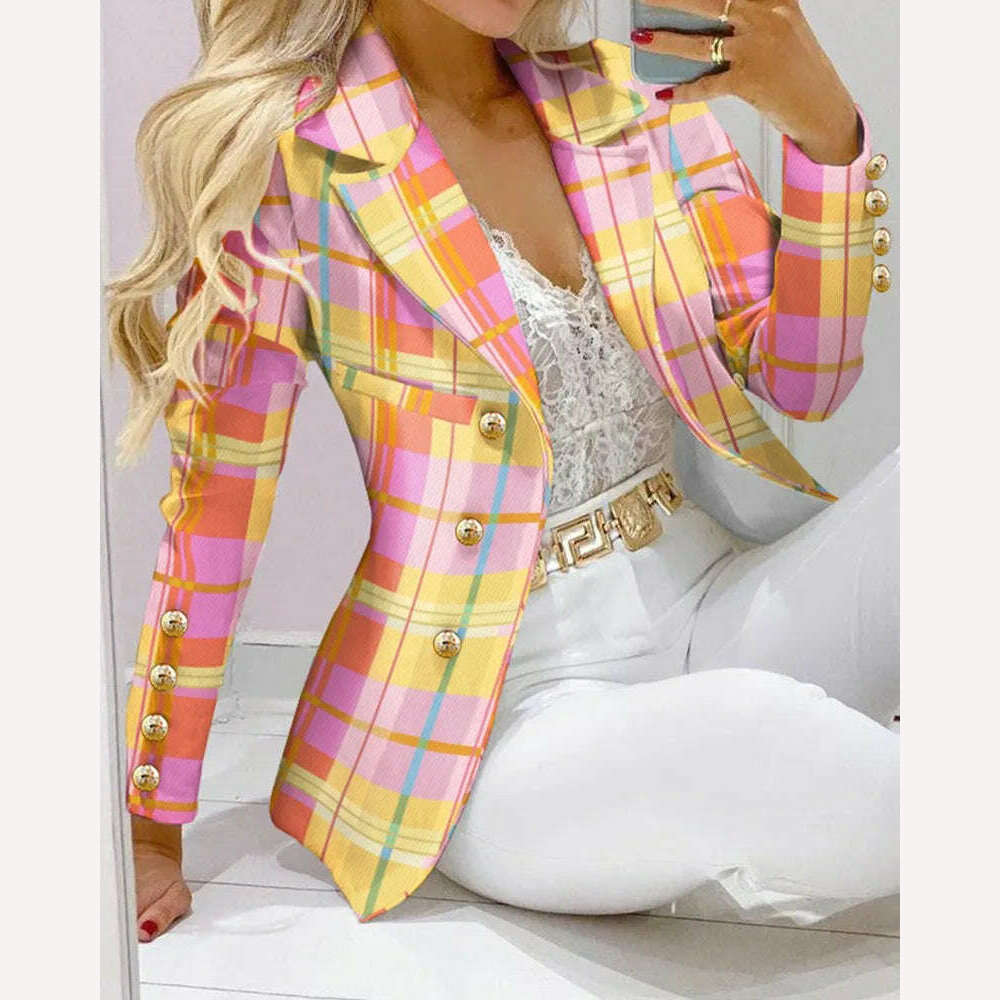 KIMLUD, New 2023 Formal Office Pant Sets Women 2PCS Double Breasted Solid Blazers Jacket and Pants Two Pieces Set Female Pant Suits Sets, Yellow Plaid / S, KIMLUD APPAREL - Womens Clothes