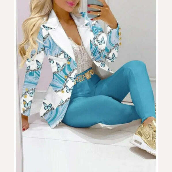 KIMLUD, New 2023 Formal Office Pant Sets Women 2PCS Double Breasted Solid Blazers Jacket and Pants Two Pieces Set Female Pant Suits Sets, Blue Butterfly 1 / S, KIMLUD APPAREL - Womens Clothes