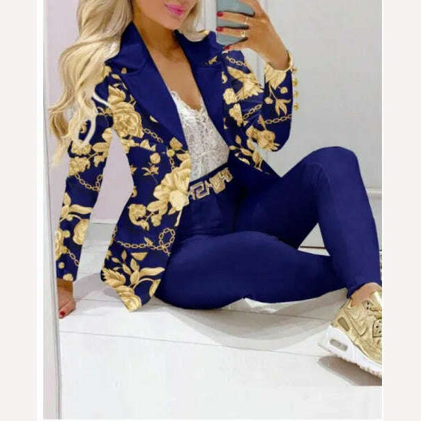 KIMLUD, New 2023 Formal Office Pant Sets Women 2PCS Double Breasted Solid Blazers Jacket and Pants Two Pieces Set Female Pant Suits Sets, Dark Blue Flower / S, KIMLUD APPAREL - Womens Clothes