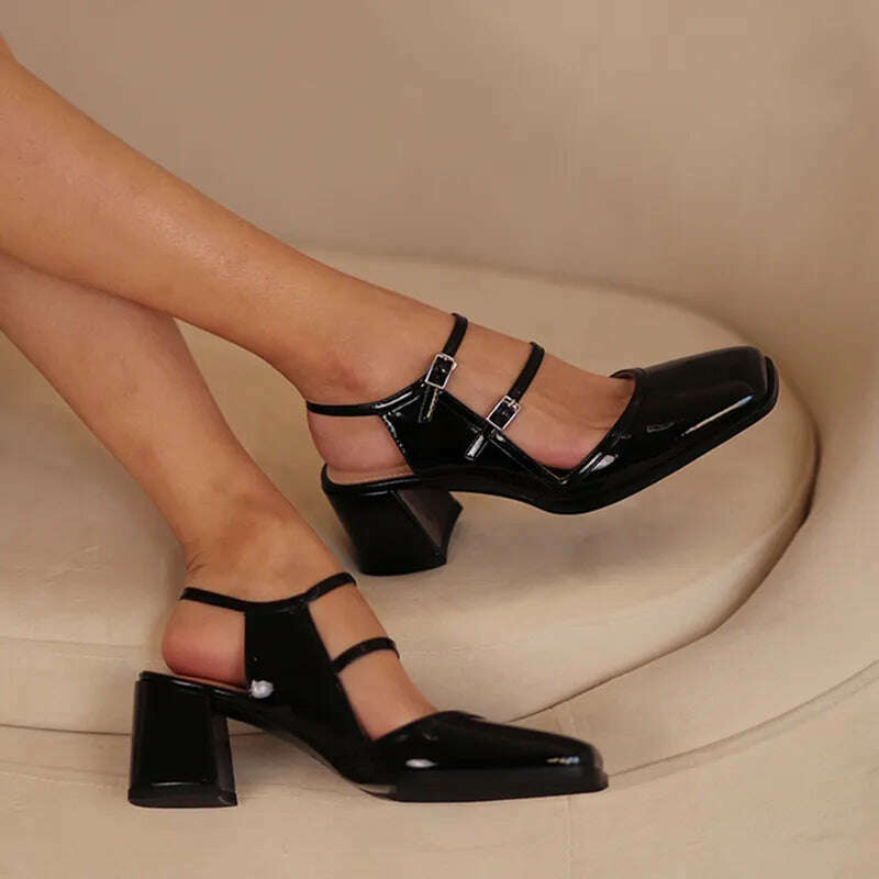 New 2023 Summer Sandles Women Square Toe Thick Heel French Retro Women Shoes Buckle 6cm High Heel Party Sandals Shoes for Women - KIMLUD