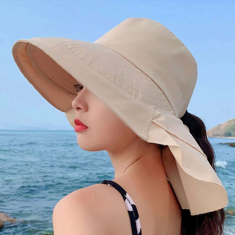 KIMLUD, New 2023 Women's Summer Hat for The Sun Wide Brim UV Neck Protection Solar Beach Hats Foldable Ponytail Travel Sun Panama Caps, Beige, KIMLUD APPAREL - Womens Clothes