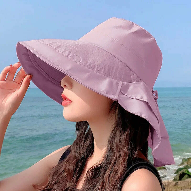 New 2023 Women's Summer Hat for The Sun Wide Brim UV Neck Protection Solar Beach Hats Foldable Ponytail Travel Sun Panama Caps - KIMLUD