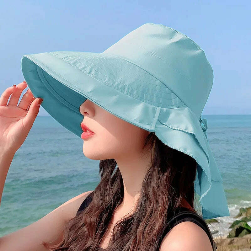 New 2023 Women's Summer Hat for The Sun Wide Brim UV Neck Protection Solar Beach Hats Foldable Ponytail Travel Sun Panama Caps - KIMLUD