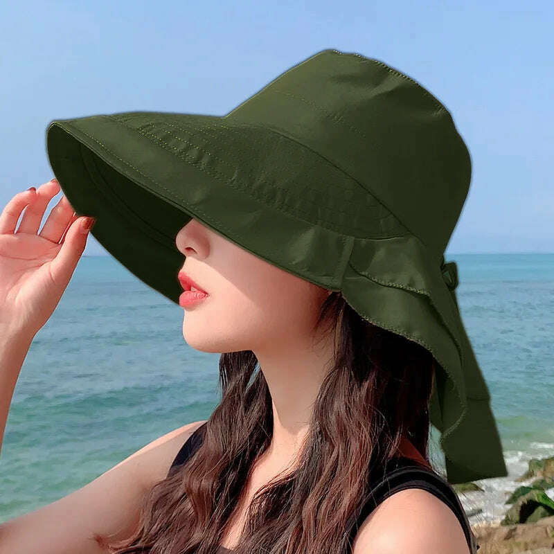 New 2023 Women's Summer Hat for The Sun Wide Brim UV Neck Protection Solar Beach Hats Foldable Ponytail Travel Sun Panama Caps - KIMLUD