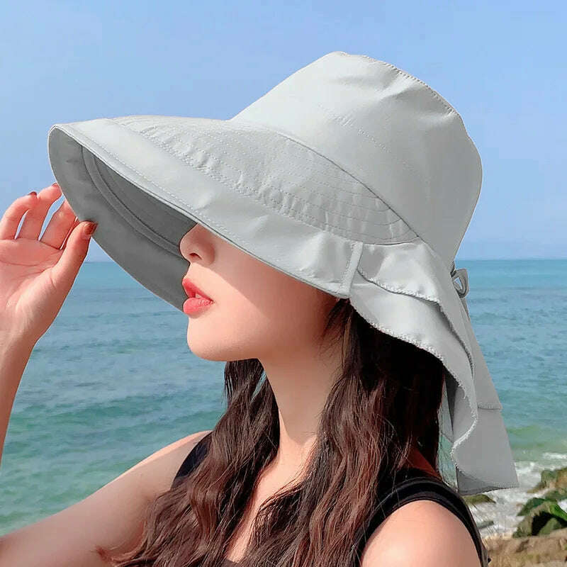 KIMLUD, New 2023 Women's Summer Hat for The Sun Wide Brim UV Neck Protection Solar Beach Hats Foldable Ponytail Travel Sun Panama Caps, Grey, KIMLUD APPAREL - Womens Clothes