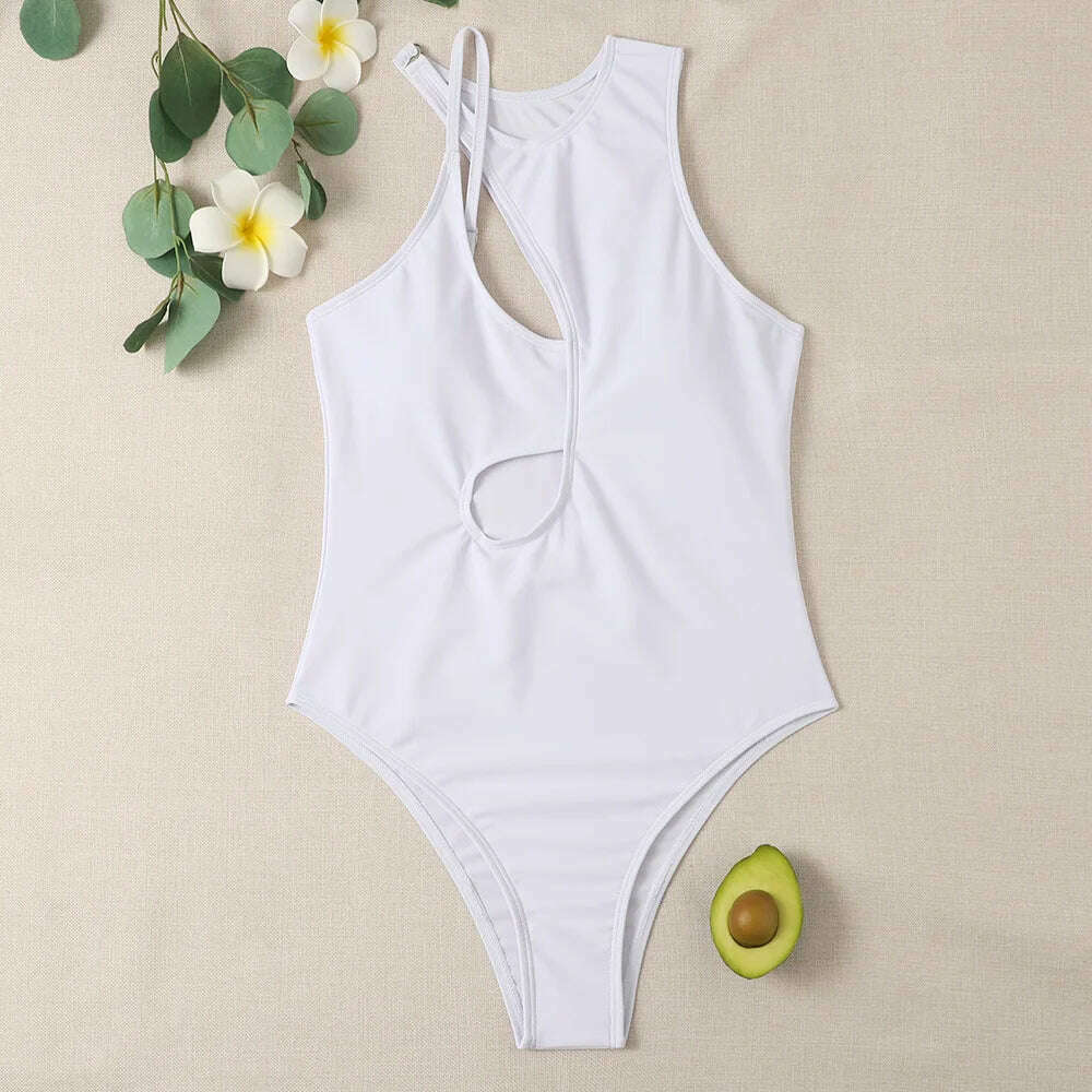 KIMLUD, New 2024 Women Sexy One Piece Bikinis Hollow Out Swimsuit for Gilrs Irregular Bodysuit Single Shoulder Strap Beach Outfits Women, KIMLUD Womens Clothes