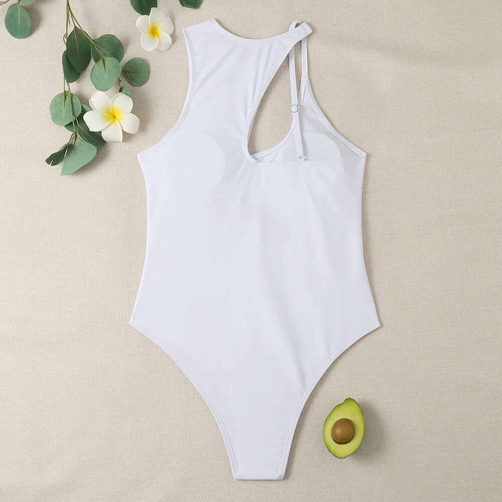 KIMLUD, New 2024 Women Sexy One Piece Bikinis Hollow Out Swimsuit for Gilrs Irregular Bodysuit Single Shoulder Strap Beach Outfits Women, KIMLUD Womens Clothes