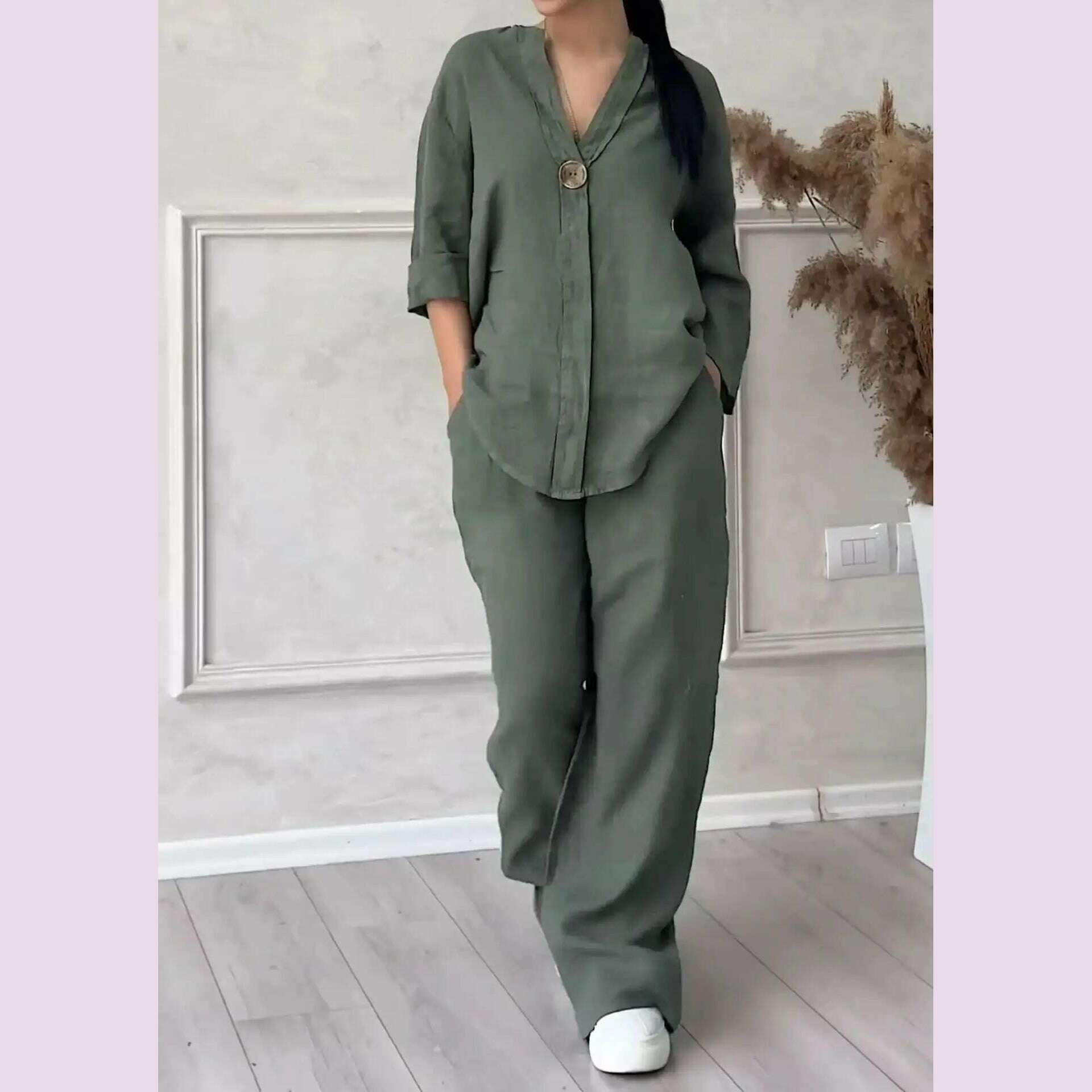 KIMLUD, New 2024 Women's 2-piece Cotton Linen Pant Sets Solid Long Sleeve Shirt Top+ Wide-leg Trousers Two-piece Casual Loose Suit Sets, Military Green / S, KIMLUD APPAREL - Womens Clothes