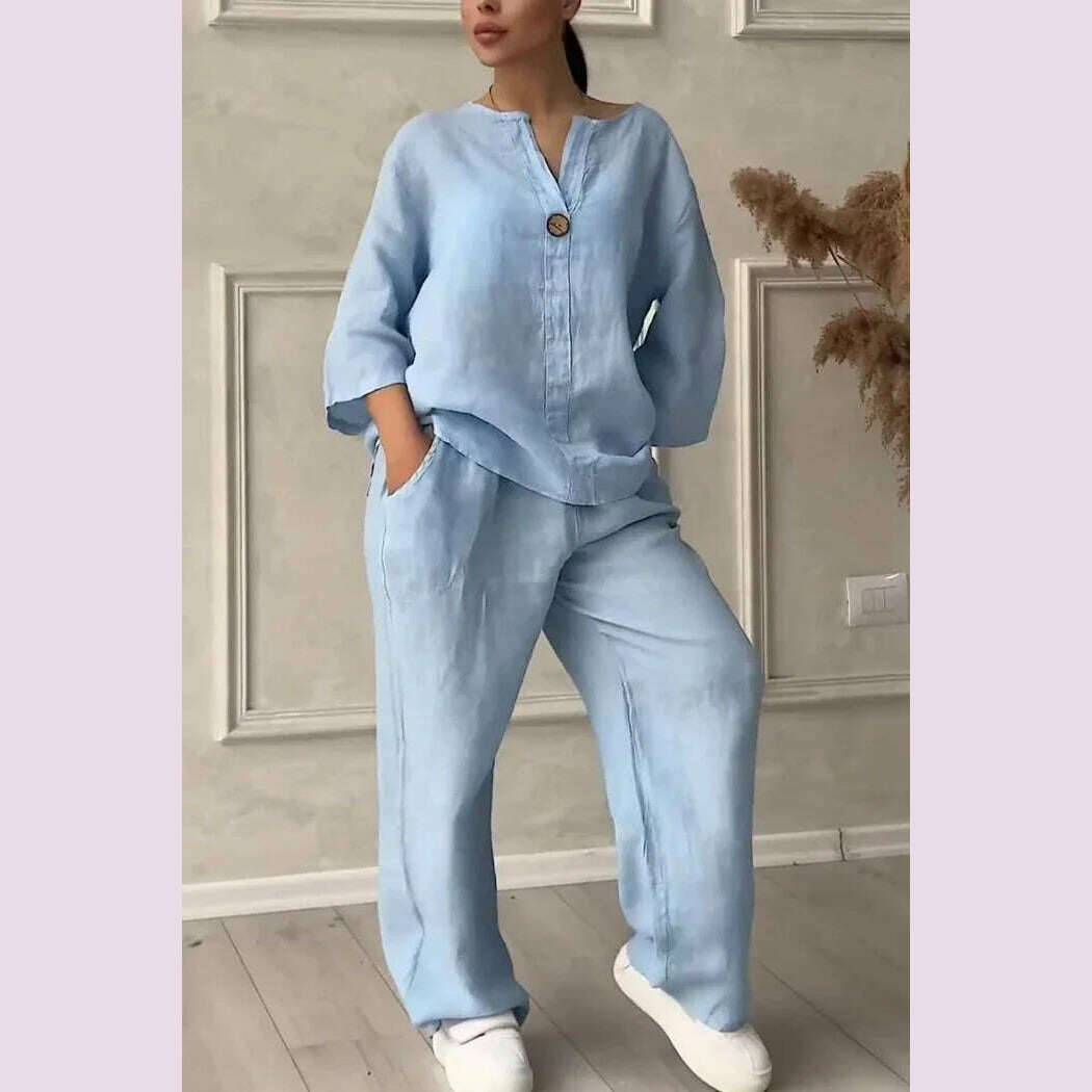 KIMLUD, New 2024 Women's 2-piece Cotton Linen Pant Sets Solid Long Sleeve Shirt Top+ Wide-leg Trousers Two-piece Casual Loose Suit Sets, Light Blue / XL, KIMLUD APPAREL - Womens Clothes