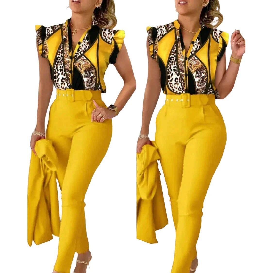 New 2024 Women's Summer Casual Sets 2PCS Printed Lotus Leaf Sleeve Top and Pants Set with Belt Female Suit Sets Outfits Workwear - KIMLUD