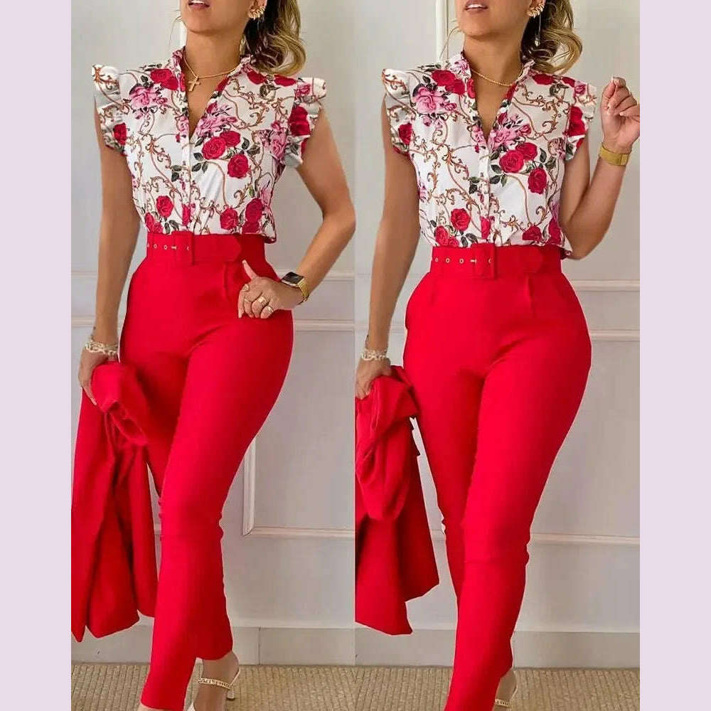 KIMLUD, New 2024 Women's Summer Casual Sets 2PCS Printed Lotus Leaf Sleeve Top and Pants Set with Belt Female Suit Sets Outfits Workwear, Red / S, KIMLUD APPAREL - Womens Clothes