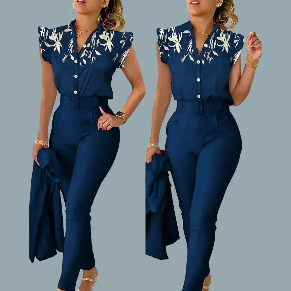 KIMLUD, New 2024 Women's Summer Casual Sets 2PCS Printed Lotus Leaf Sleeve Top and Pants Set with Belt Female Suit Sets Outfits Workwear, Blue / M, KIMLUD APPAREL - Womens Clothes