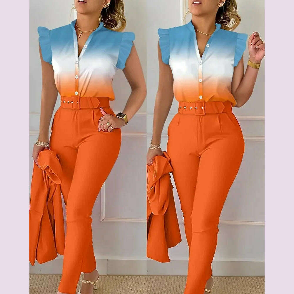 KIMLUD, New 2024 Women's Summer Casual Sets 2PCS Printed Lotus Leaf Sleeve Top and Pants Set with Belt Female Suit Sets Outfits Workwear, Orange 2 / XL, KIMLUD APPAREL - Womens Clothes