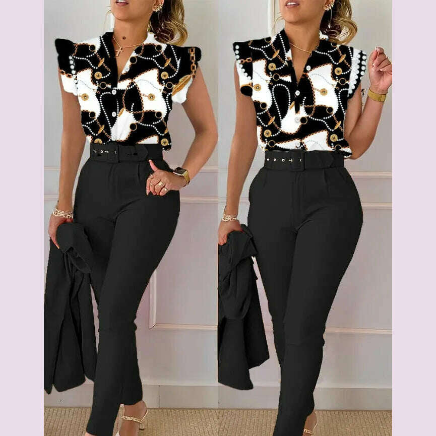 KIMLUD, New 2024 Women's Summer Casual Sets 2PCS Printed Lotus Leaf Sleeve Top and Pants Set with Belt Female Suit Sets Outfits Workwear, Black Chain / XXL, KIMLUD APPAREL - Womens Clothes