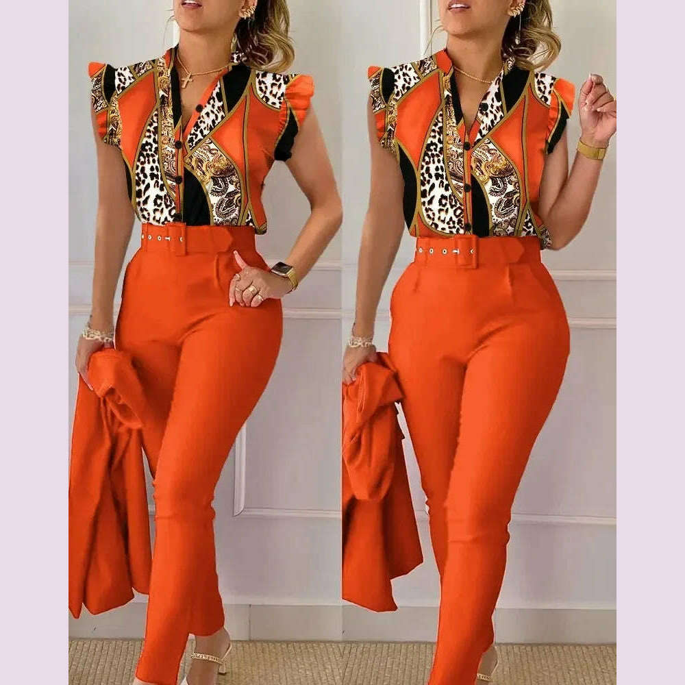 KIMLUD, New 2024 Women's Summer Casual Sets 2PCS Printed Lotus Leaf Sleeve Top and Pants Set with Belt Female Suit Sets Outfits Workwear, Orang Leopard Print / L, KIMLUD APPAREL - Womens Clothes