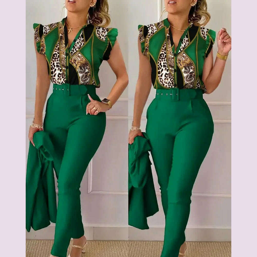 KIMLUD, New 2024 Women's Summer Casual Sets 2PCS Printed Lotus Leaf Sleeve Top and Pants Set with Belt Female Suit Sets Outfits Workwear, Green / M, KIMLUD APPAREL - Womens Clothes