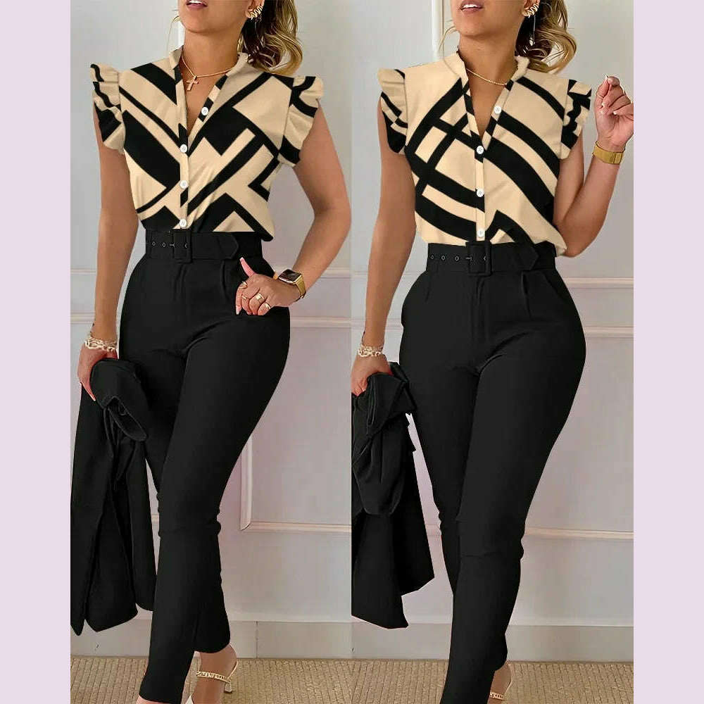 New 2024 Women's Summer Casual Sets 2PCS Printed Lotus Leaf Sleeve Top and Pants Set with Belt Female Suit Sets Outfits Workwear - KIMLUD