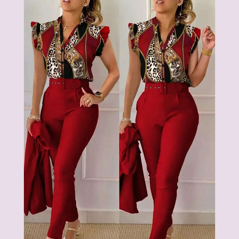 KIMLUD, New 2024 Women's Summer Casual Sets 2PCS Printed Lotus Leaf Sleeve Top and Pants Set with Belt Female Suit Sets Outfits Workwear, Dark Red / S, KIMLUD APPAREL - Womens Clothes