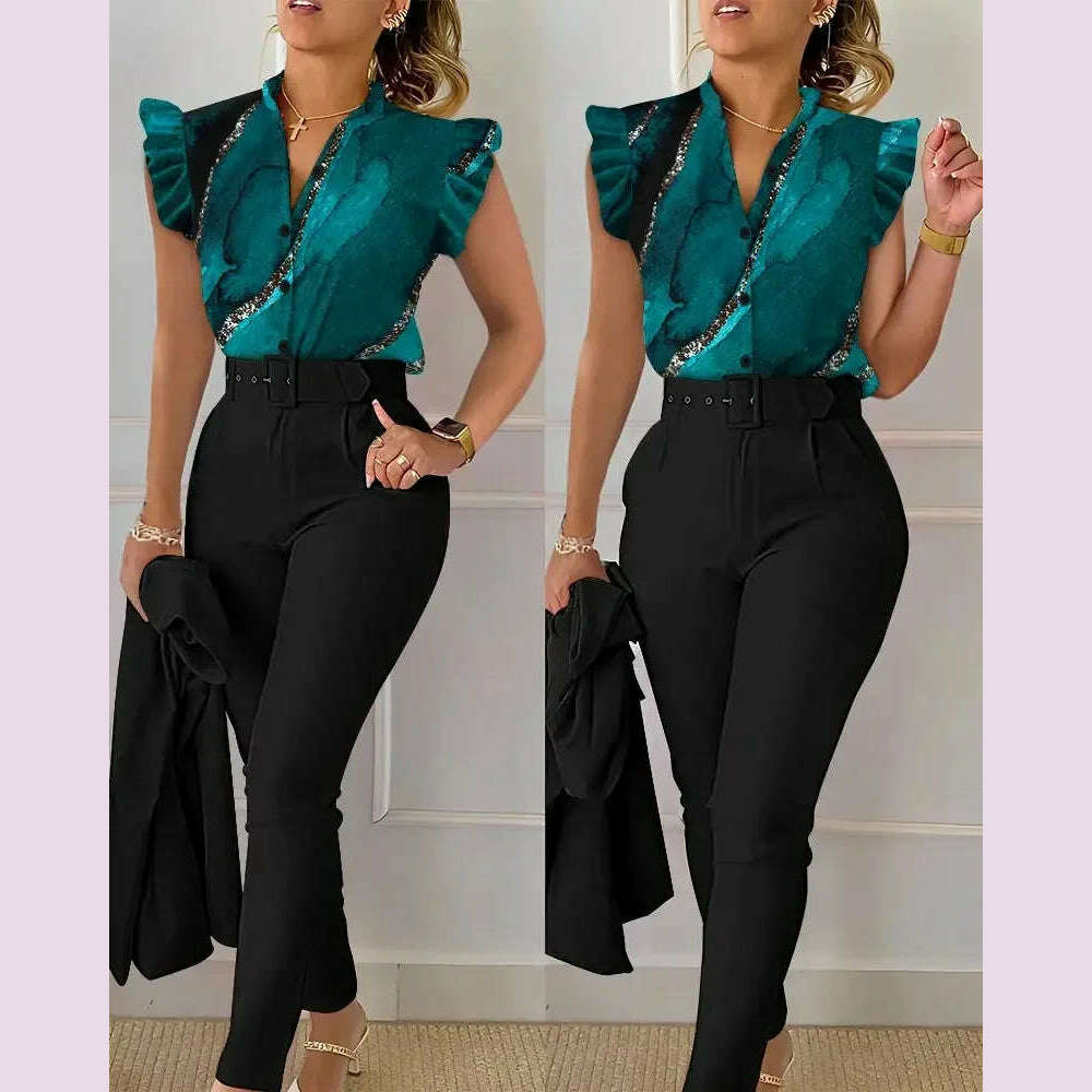 New 2024 Women's Summer Casual Sets 2PCS Printed Lotus Leaf Sleeve Top and Pants Set with Belt Female Suit Sets Outfits Workwear - KIMLUD