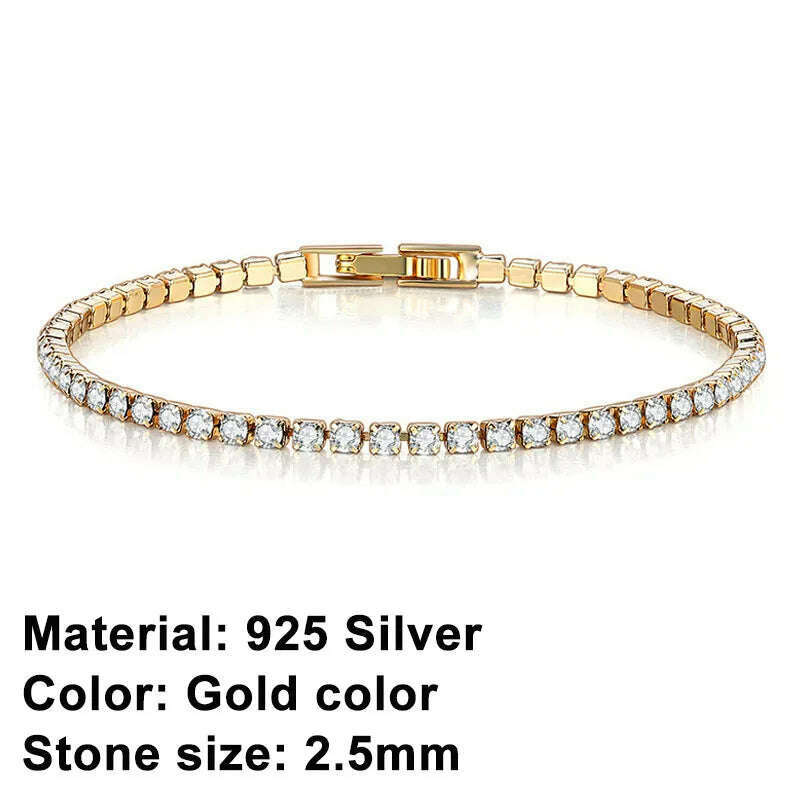 KIMLUD, New 925 Sterling Silver Hip Hop Fashion Women's Tennis Bracelet Rose Gold Shining Cubic zirconia Bracelet Wedding Jewelry Gift, 2.5mm Gold Color Bra / 19cm, KIMLUD APPAREL - Womens Clothes