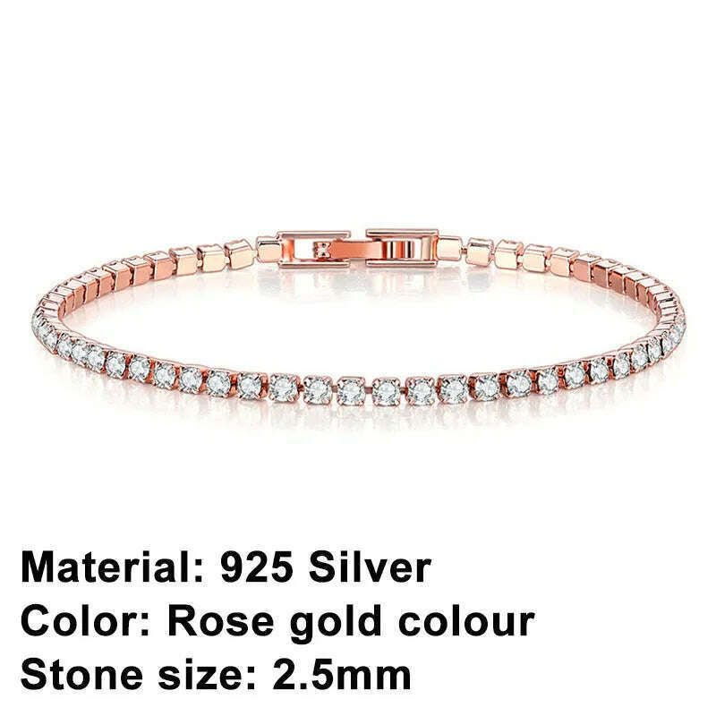 KIMLUD, New 925 Sterling Silver Hip Hop Fashion Women's Tennis Bracelet Rose Gold Shining Cubic zirconia Bracelet Wedding Jewelry Gift, 2.5mm Rose Gold Brac / 17cm, KIMLUD APPAREL - Womens Clothes