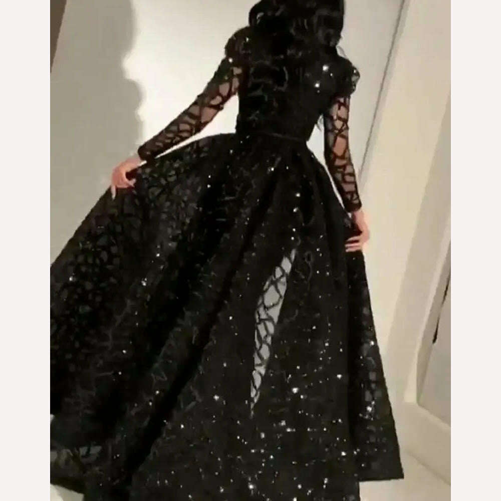 KIMLUD, New Arrival Lace Evening Gown Black Sequin Ball Gown Elegant Long-sleeved Evening Dress for Ladies, KIMLUD Womens Clothes