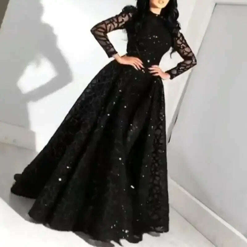 KIMLUD, New Arrival Lace Evening Gown Black Sequin Ball Gown Elegant Long-sleeved Evening Dress for Ladies, KIMLUD Womens Clothes