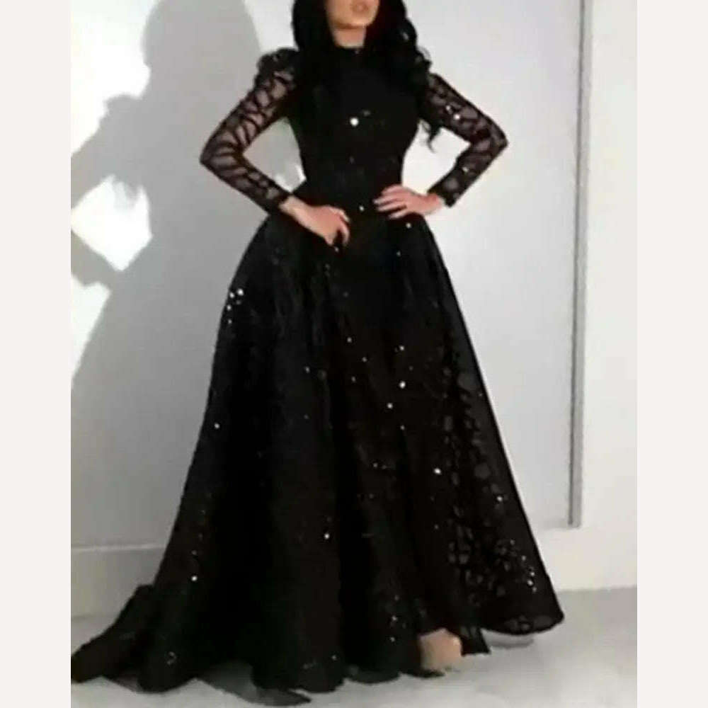 KIMLUD, New Arrival Lace Evening Gown Black Sequin Ball Gown Elegant Long-sleeved Evening Dress for Ladies, Black / M, KIMLUD APPAREL - Womens Clothes