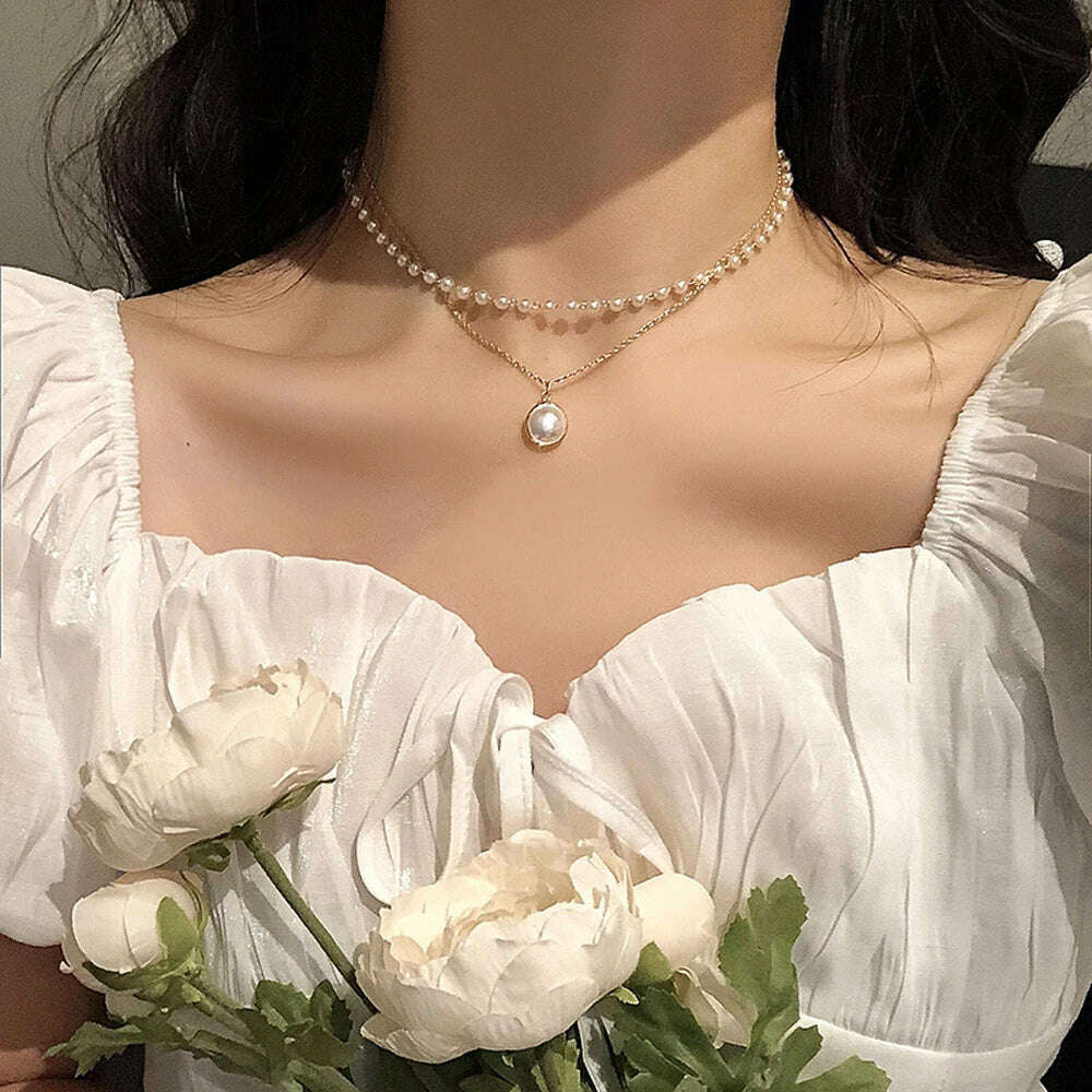 KIMLUD, New Beads Women's Neck Chain Kpop Pearl Choker Necklace Gold Color Goth Choker Jewelry On The Neck Pendant 2021 Collar For Girl, F, KIMLUD APPAREL - Womens Clothes