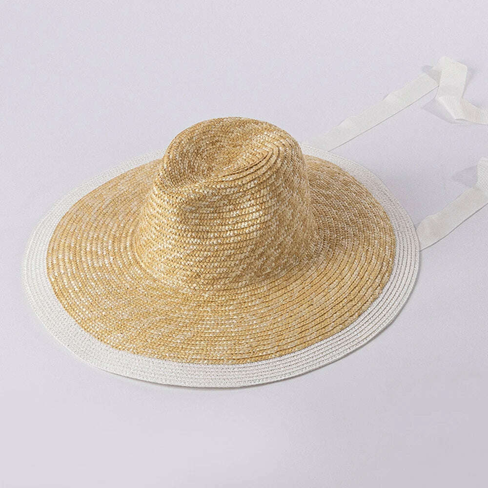 KIMLUD, New Belt Strap Straw Sun Hat For Women Fashion Vacation Beach UV Hats WideBrim Panama Hats Outdoor Wholesale, white ribbon, KIMLUD APPAREL - Womens Clothes