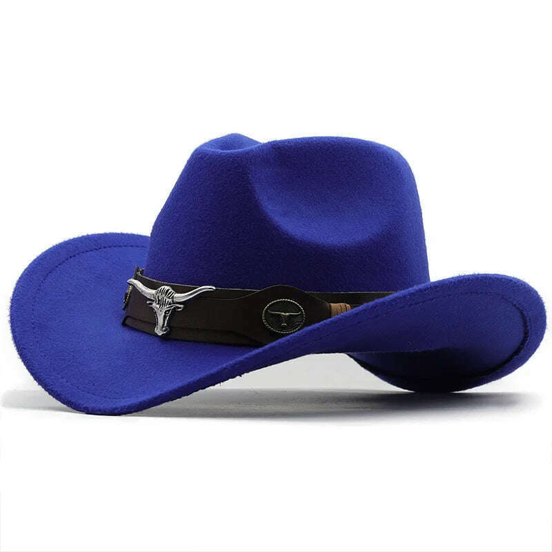 KIMLUD, New Black Wool Chapeu Western Cowboy Hat For Women Men Gentleman Jazz Sombrero Hombre Cap Dad Cowgirl Hats Size 56-58cm, JXF-549 blue / 56-58CM, KIMLUD APPAREL - Womens Clothes