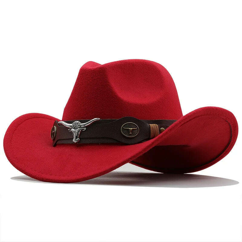 KIMLUD, New Black Wool Chapeu Western Cowboy Hat For Women Men Gentleman Jazz Sombrero Hombre Cap Dad Cowgirl Hats Size 56-58cm, JXF-549 red / 56-58CM, KIMLUD APPAREL - Womens Clothes