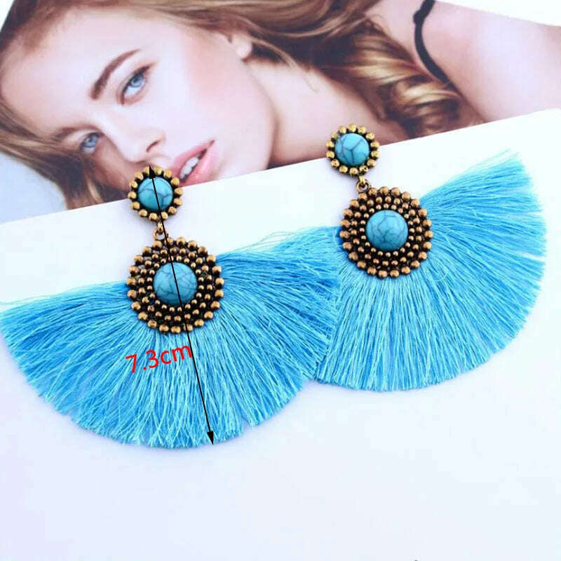 KIMLUD, New Boho Tassel Earrings for Women Fan Shape Exaggerated Beads Vintage Ethnic Dangle Earrings Wild Ear Jewelry boucle oreille, KIMLUD Womens Clothes