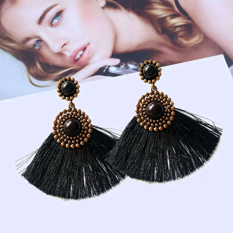 KIMLUD, New Boho Tassel Earrings for Women Fan Shape Exaggerated Beads Vintage Ethnic Dangle Earrings Wild Ear Jewelry boucle oreille, KIMLUD Womens Clothes