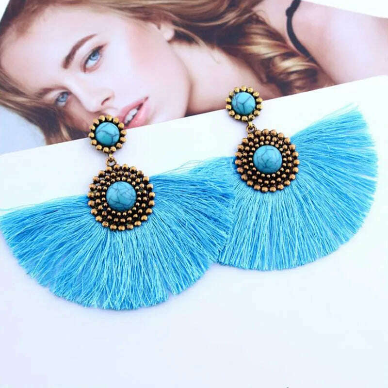 KIMLUD, New Boho Tassel Earrings for Women Fan Shape Exaggerated Beads Vintage Ethnic Dangle Earrings Wild Ear Jewelry boucle oreille, KIMLUD Womens Clothes