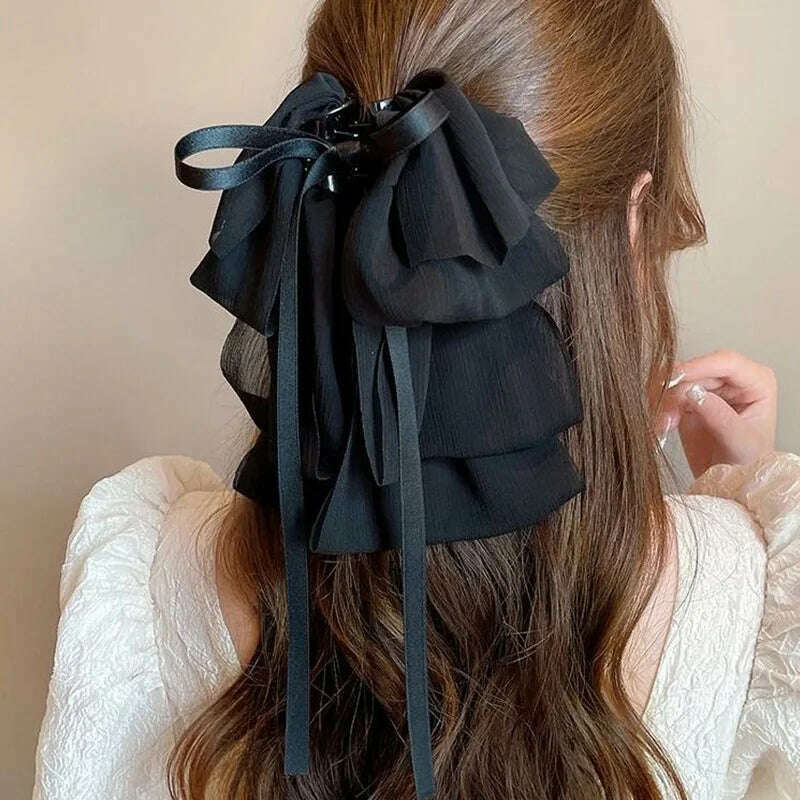 New Bow Floating Ribbon Grip Clip Girls Elegant Ponytail Braid Claw Clip Retro Luxury Female Hair Card Hair Accessories - KIMLUD