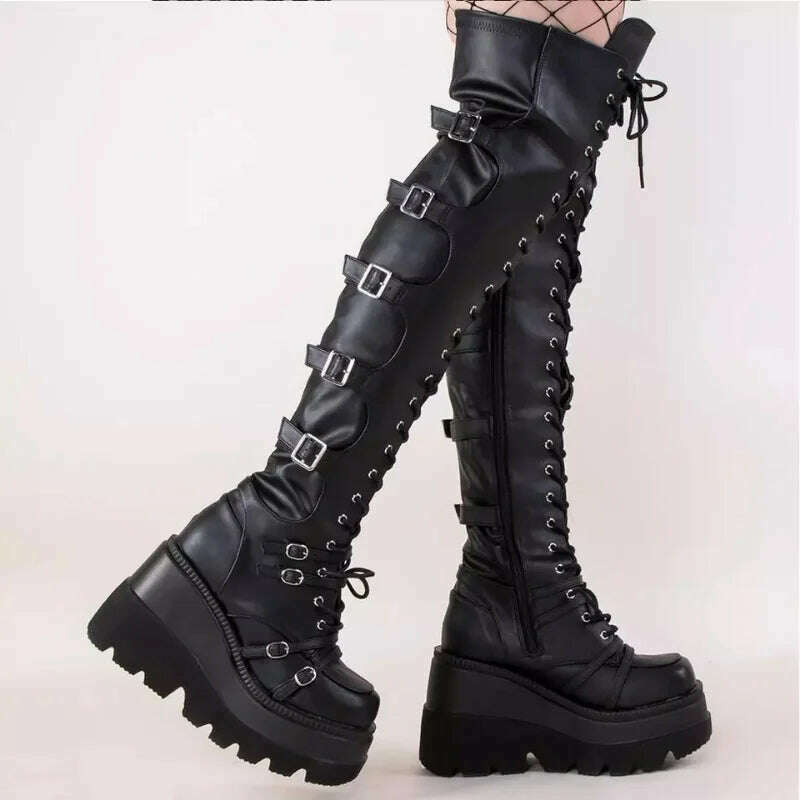 KIMLUD, New Brand Design Big Size 43 Shoelaces Cosplay Motorcycles Boots Buckles Platform Wedges High Heels Thigh High Boots Women Shoes, KIMLUD Womens Clothes