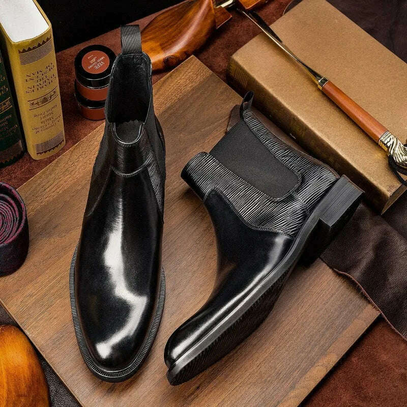 New British Business Casual Genuine Leather Fashion Chelsea Ankle Boots Men High Top Dress Work Slip on Outdoor Motorcycle Boots - KIMLUD