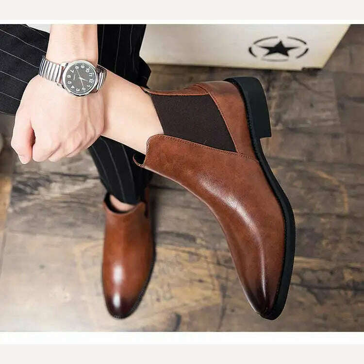 KIMLUD, New Brown Chelsea Boots for Men Black Business Handmade Men&#39;s Short Boots Round Toe Slip-On Ankle Boots Free Shipping, KIMLUD Womens Clothes