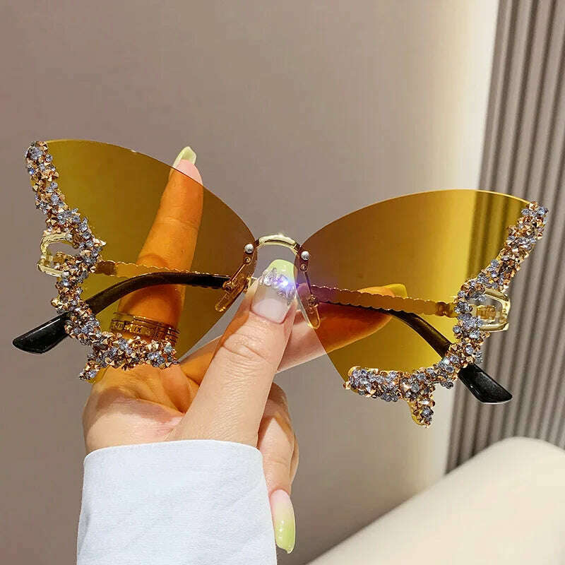 KIMLUD, New butterfly shape diamond rimless fashion sunglasses personality exaggerated cool tide men and women models sunglasses, KIMLUD Womens Clothes