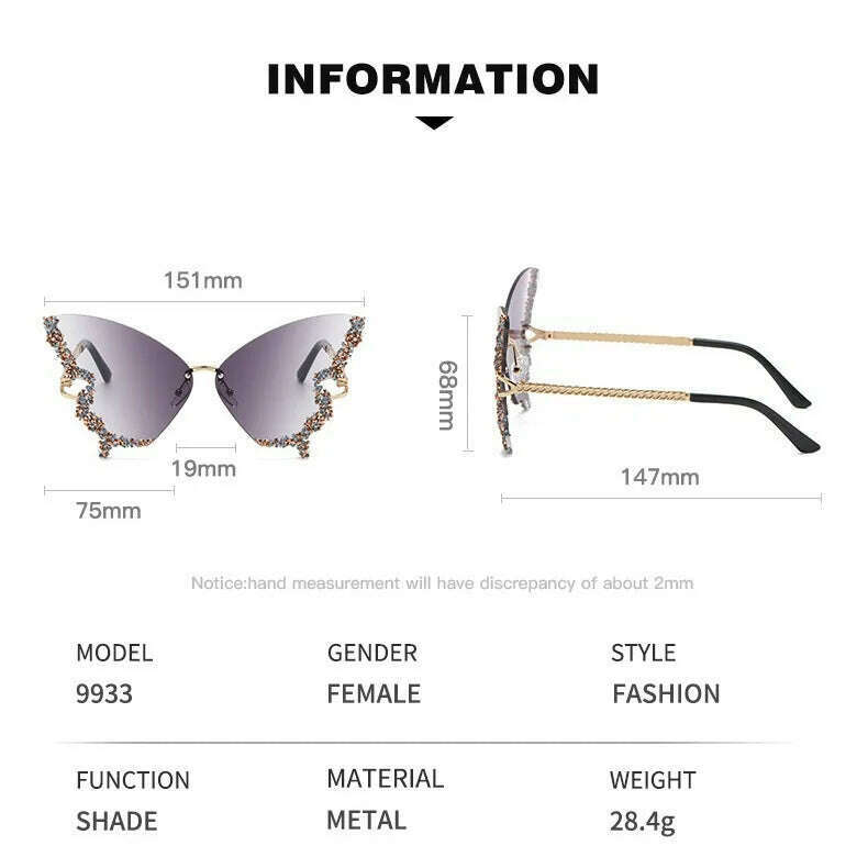 KIMLUD, New butterfly shape diamond rimless fashion sunglasses personality exaggerated cool tide men and women models sunglasses, KIMLUD Womens Clothes