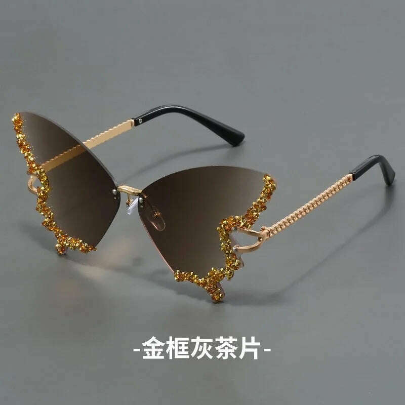 KIMLUD, New butterfly shape diamond rimless fashion sunglasses personality exaggerated cool tide men and women models sunglasses, 3 / Gold, KIMLUD APPAREL - Womens Clothes