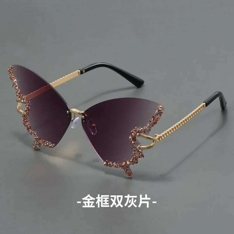 KIMLUD, New butterfly shape diamond rimless fashion sunglasses personality exaggerated cool tide men and women models sunglasses, 4 / Gold, KIMLUD APPAREL - Womens Clothes