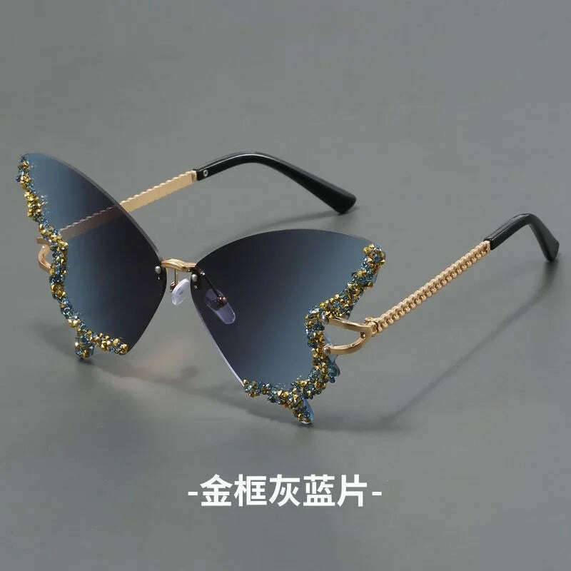 KIMLUD, New butterfly shape diamond rimless fashion sunglasses personality exaggerated cool tide men and women models sunglasses, 1 / Gold, KIMLUD APPAREL - Womens Clothes