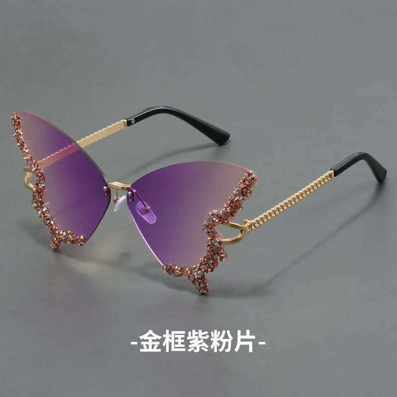 KIMLUD, New butterfly shape diamond rimless fashion sunglasses personality exaggerated cool tide men and women models sunglasses, 2 / Gold, KIMLUD APPAREL - Womens Clothes